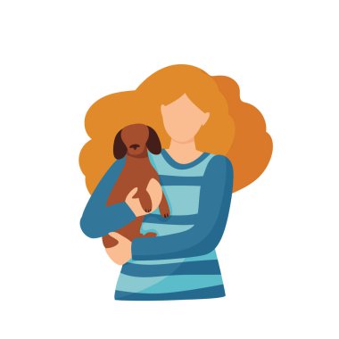 Dachshund köpeğinin beyaz arka planda izole edilmiş kadın sahipleri. Düz vektör çizimi. Evcil hayvan sevgisi, evcil hayvan