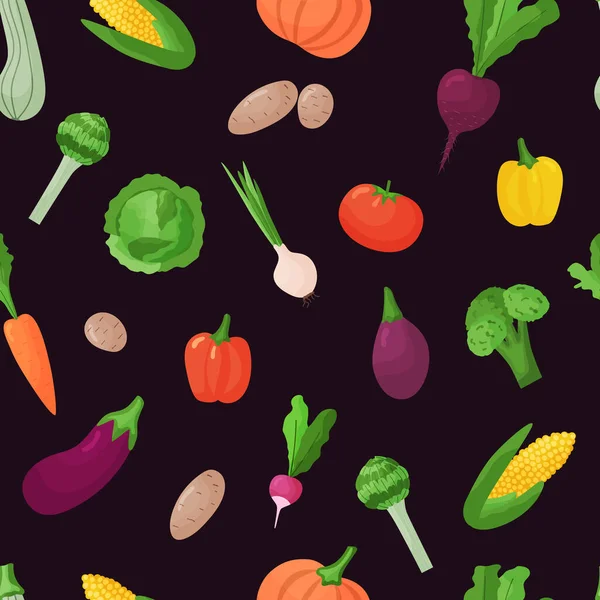 Nahrungsmittelvektor nahtloses Muster. Flache Darstellung von Gemüse isoliert auf schwarzem Hintergrund. Hintergrund für Tapete, Druck, Textil, Stoff, Verpackung. — Stockvektor