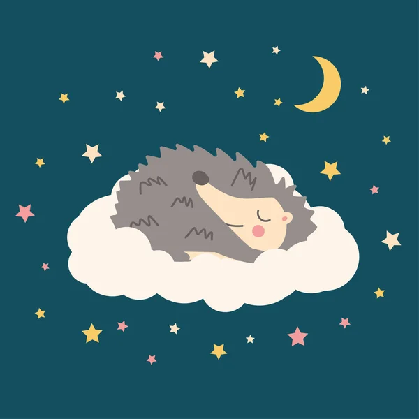 Şirin el çizimi vektör illüstrasyon kirpi çizgi filmi bulutların üzerinde uyuyan yıldızlar ve mavi arka planda ay. Çocuk posteri