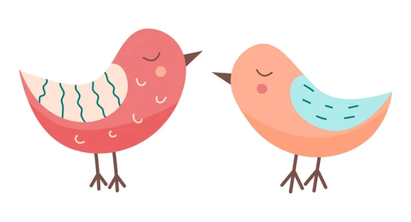 Beyaz arka planda izole edilmiş sevimli renkli iki kuş tasviri. Pankart, çıkartma ve kartpostallar için tasarım vektörü ögesi.