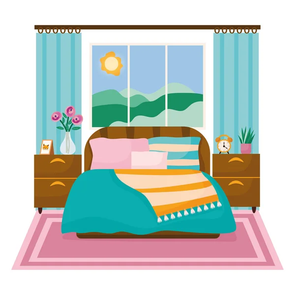 Gezellige slaapkamer interieur. Bed, kussens, nachtkastje en tapijt geïsoleerd op witte achtergrond. Vector platte illustratie — Stockvector