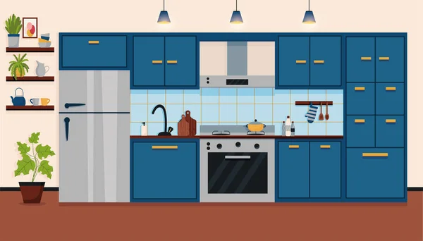 Moderne design d'intérieur de cuisine confortable en couleur bleue avec des meubles et des appareils. Réfrigérateur et cuisinière, étagères avec plantes. Illustration vectorielle plate — Image vectorielle