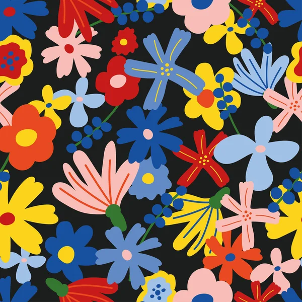 Koyu arka planda son moda çiçeksiz desen. Vektör karikatür şirin çiçekler çocuksu el çizimi tarzında. Duvar kağıdı, baskı, tekstil, kumaş, ambalaj için arkaplan
