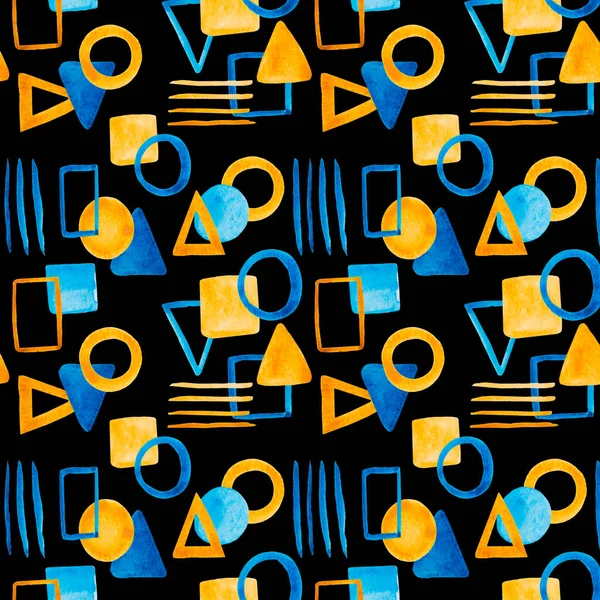 Watercolor memphis seamless pattern. Hand painted yellow and blue shapes design repeating background. Backdrop for wallpaper, print, textile, fabric, wrapping.