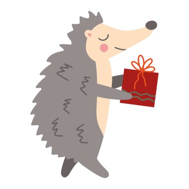 Kirpi ve hediye kutusuyla Noel ve Yeni Yıl konsepti. El çizimi tarzı. Çizim elemanı. Düz vektör illüstrasyonu