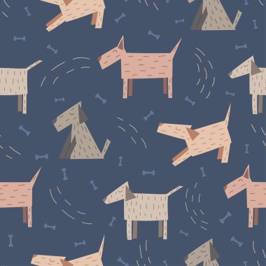 Mavi arka planda, üzerinde kemikler olan, kusursuz, el çizimi köpek deseni. Duvar kağıdı, baskı, tekstil, kumaş, ambalaj. Vektör illüstrasyonu