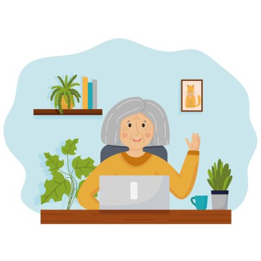 Dizüstü bilgisayarı olan mutlu büyükanne karakteri beyaz masada tek başına oturuyor. Yaşlı emekli kadın iletişim, eğitim ve online alışveriş için bilgisayar kullanıyor. Düz vektör illüstrasyonu