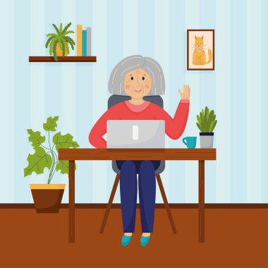 Mutlu gülümseme, dizüstü bilgisayarı olan büyükanne karakteri masanın içinde oturuyor. Yaşlı emekli kadın iletişim, eğitim ve online alışveriş için bilgisayar kullanıyor. Düz vektör illüstrasyonu