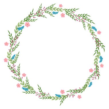 Yapraklı ve pembe çiçekli bahar çelengi çerçevesi. Klasik stil unsurları olan tebrik kartı daire şablonu Doodle Illustration. Düz vektör illüstrasyonu
