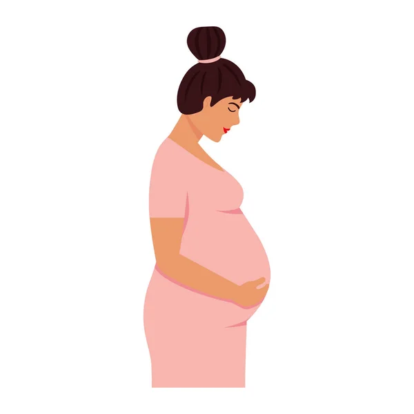 Pregnant Woman Pink Dress Mother Waiting Child Concept Flat Style — Stock Vector