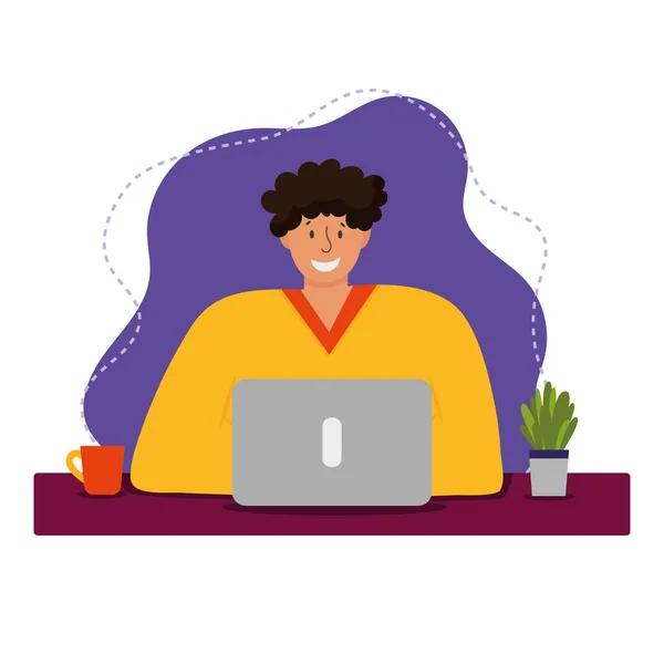 Evde çalışmak, eğitim kavramı, ortak çalışma alanı. Genç gülümseyen adam masadaki dizüstü bilgisayarda oturuyor. İş, ev kavramından eğitim. Düz vektör illüstrasyonu