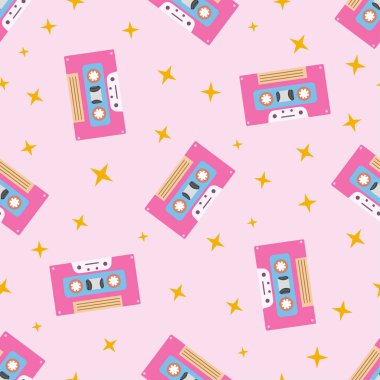 90 'lar, 2000' ler moda eğilimli 2000 'ler. Pembe arka planda müzik kaseti. Duvar kağıdı, baskı, tekstil, kumaş, ambalaj. Vektör illüstrasyonu