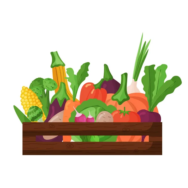 Gemüse Holzkiste Isoliert Auf Weißem Hintergrund Flache Zeichentrickillustration Frische Landwirtschaftliche — Stockvektor