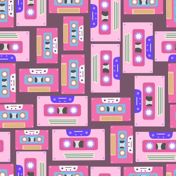 90 'lar, 2000' ler moda eğilimli 2000 'ler. Pembe arka planda müzik kaseti. Duvar kağıdı, baskı, tekstil, kumaş, ambalaj. Vektör illüstrasyonu