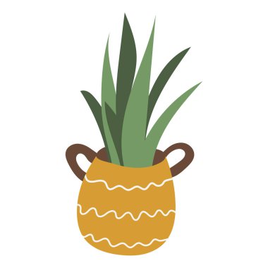 Dekoratif saksıdaki ev bitkisi beyaz arka planda izole edilmiş. Doodle İskandinav tarzı. Düz vektör elemanı tasarla. Vektör illüstrasyonu