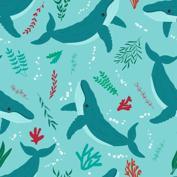 Mavi arka planda deniz yosunu olan kusursuz desenli balinalar. Duvar kağıdı, baskı, tekstil, kumaş, ambalaj. Vektör illüstrasyonu