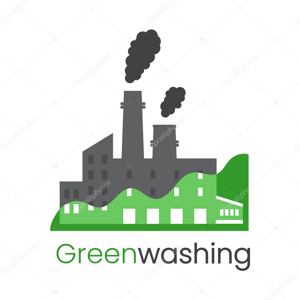 The concept of greenwashing, disinformation of corporations, green marketing, non-transparent way, environmental responsibility, environmental pollution. Factory icon with smoke on white background