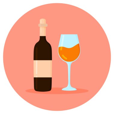 Bir şişe portakal şarabı ve beyaz arka planda izole edilmiş bir bardak şarap. Ambalaj tasarımı için simge, doğal ürün amblemi. Vektör illüstrasyonu