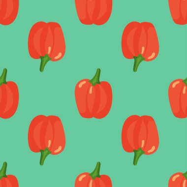 Seamless food pattern of bell pepper on green background. Backdrop for wallpaper, print, textile, fabric, wrapping. Vector illustration