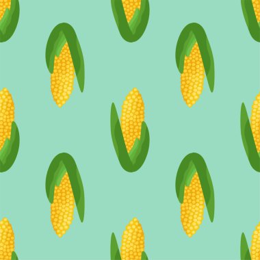 Yeşil arka plandaki mısır kafalarının kusursuz yemek kalıpları. Duvar kağıdı, baskı, tekstil, kumaş, ambalaj. Vektör illüstrasyonu