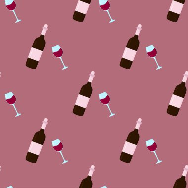Pembe arka planda şarap şişesi ve şarap kadehi olan kusursuz bir desen. Duvar kağıdı, baskı, tekstil, kumaş, ambalaj. Vektör illüstrasyonu