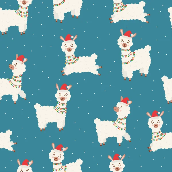 Seamless Christmas New Year Pattern Alpaca Snowflakes Winter Elements Backdrop — стоковый вектор