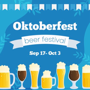 Vector square template banner invitation for Oktoberfest. Autumn beer festival illustration. Beer mugs on blue background with traditional colors flags. Greeting card for social media.