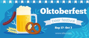 Vector horizontal template banner invitation for Oktoberfest. Autumn beer festival illustration. Beer mug on blue background with traditional colors flags. Greeting card for social media