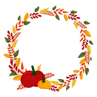 Vector autumn wreath with colorful leaves and pumpkins isolated on white background. Circle frame of season greeting card. Template for Thanksgiving celebration illustration