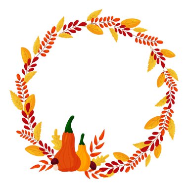 Vector autumn wreath with colorful leaves and pumpkins isolated on white background. Circle frame of season greeting card. Template for Thanksgiving celebration illustration