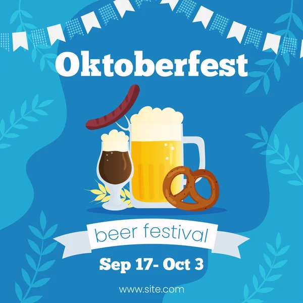 Vector square template banner invitation for Oktoberfest. Autumn beer festival illustration. Beer mugs on blue background with traditional colors flags. Greeting card for social media.