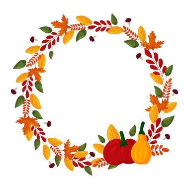 Vector autumn wreath with colorful leaves and pumpkins isolated on white background. Circle frame of season greeting card. Template for Thanksgiving celebration illustration