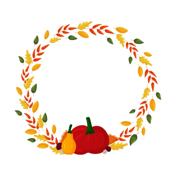 Vector Autumn Wreath Colorful Leaves Pumpkins Isolated White Background Circle — Stockvektor