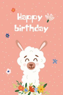 Vector greeting birthday card template. Happy cute alpaca on pink background. Celebration illustration
