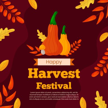 Hasat Festivali için vektör karesi afiş davetiyesi. Sonbahar Şükran Günü illüstrasyonu. Kahverengi arka planda balkabakları ve yapraklar. Sosyal medya için kutlama kartı hasadı