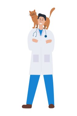 Dost canlısı çizgi film veteriner karakteri. Beyaz arka planda kedisi olan veteriner doktor. Sağlık hizmetleri evcil hayvan konsepti. Vektör illüstrasyonu.
