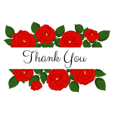 Zarif vektör çiçekli davetiye şablonu kartında mesaj var. Teşekkürler. Beyaz arka planda yaprakları olan kırmızı güller.