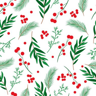 Kutlama kartları için arkaplanda kutsal yapraklar ve böğürtlenler olan kusursuz bir Noel deseni. Duvar kağıdı, baskı, tekstil, kumaş, ambalaj. Vektör illüstrasyonu