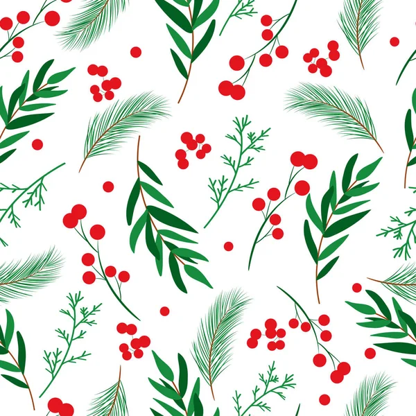 Kerst Naadloos Patroon Met Hulst Bladeren Bessen Witte Achtergrond Voor — Stockvector