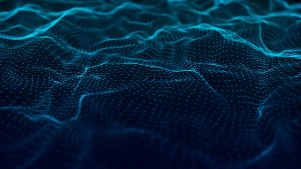 3D Wavy Surface Grid Background. Points and lines of connection to the network.Technology style illustration. — 图库照片