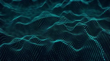 Dijital teknoloji geçmişi. Parlayan noktaların dinamik dalgası. Sunum tasarımı için fütüristik arka plan. Üç boyutlu. 4k