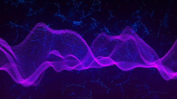 Teknoloji geçmişi. Parçacıkların soyut dijital dalgası. Gelecekçi nokta dalgası. Büyük veri görselleştirmesi. Ağ bağlantısı. 3d oluşturma.