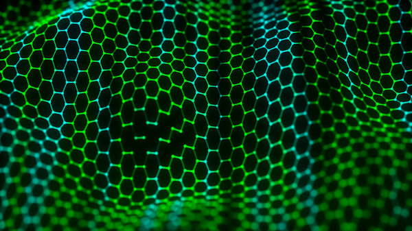 Futuristic hexagon background. Futuristic honeycomb concept. Wave of particles. Data technology background. 3D rendering.