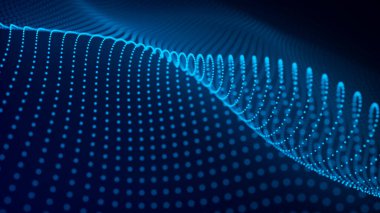 Parçacık dalgası. 3 boyutlu dalga. Soyut dijital manzara. Teknoloji geçmişi. resimleme.