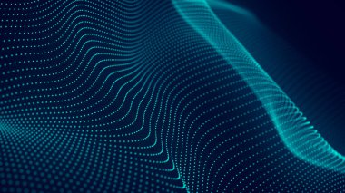 Parçacık dalgası. 3 boyutlu dalga. Soyut dijital manzara. Teknoloji geçmişi. resimleme.