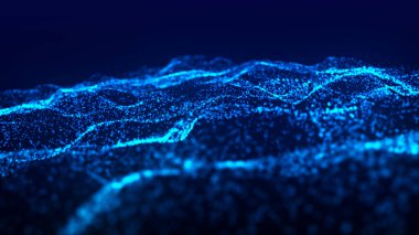 Parçacık dalgası. 3 boyutlu dalga. Soyut dijital manzara. Teknoloji geçmişi. resimleme.