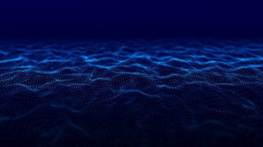 Parçacık dalgası. 3 boyutlu dalga. Soyut dijital manzara. Teknoloji geçmişi. resimleme.