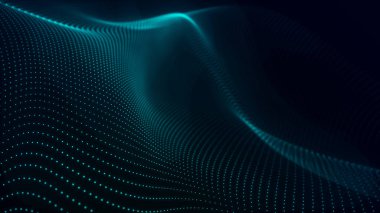 Parçacık dalgası. 3 boyutlu dalga. Soyut dijital manzara. Teknoloji geçmişi. resimleme.