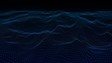 Parçacık dalgası. 3 boyutlu dalga. Soyut dijital manzara. Teknoloji geçmişi. resimleme.