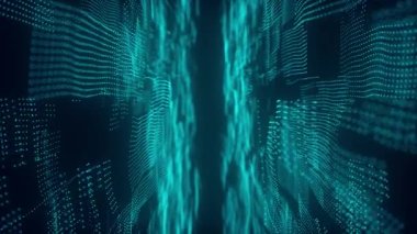 Digital background with moving glowing particles. Futuristic hi-tech illustration. Concept of data transfer in cyberspace. Big data visualization. 3d rendering. 4k animation